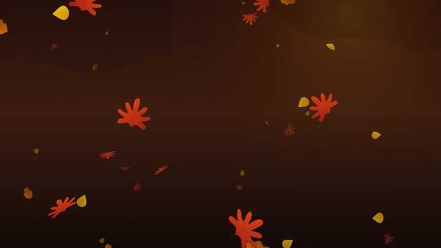 Premium flat vector seasonal motion background of maple, oak, and birch autumn leaves tumbling and drifting naturally in the wind across deep layered atmospheric depth with central negative space.