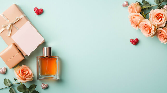 Valentine&rsquo;s Day Gifts Flat Lay with Love Letter, Perfume and Rose Bouquet