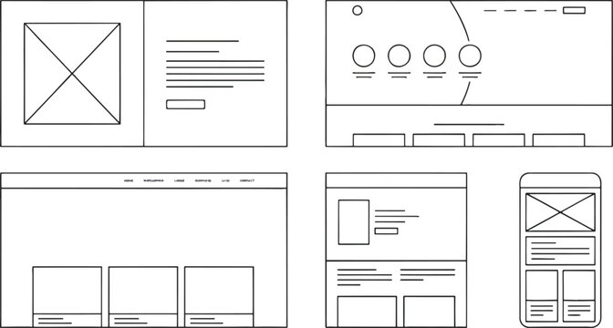 Web and mobile UI wireframe vector layout set with website landing page templates and app user interface blueprints for UX design development