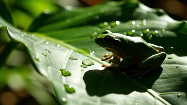 European tree frog perched on a green leaf with water droplets in bright sunlight, nature scene