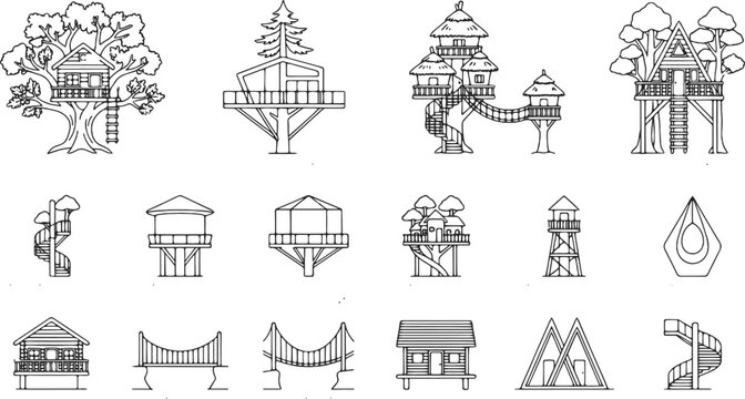 Wilderness treehouse cabin vector line art set with glamping hanging pod watchtower and suspension bridge in retro woodcut style
