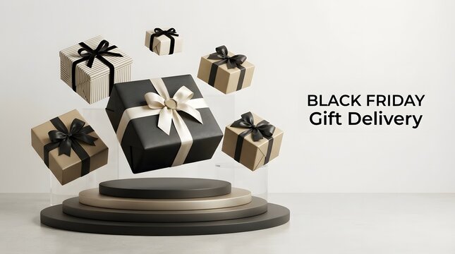 Floating gift boxes with ribbons and a dark delivery platform on a white background