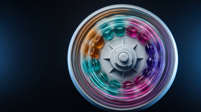 Top view of a fast Spinning centrifuge with test tubes displaying blurred motion for medical laboratory research and chemical analysis.