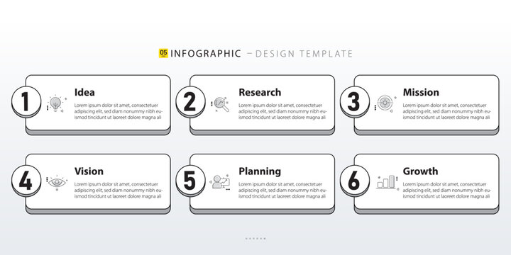 Infographic design template 6 steps business. Modern white rounded boxes with numbers and line icons on light background.