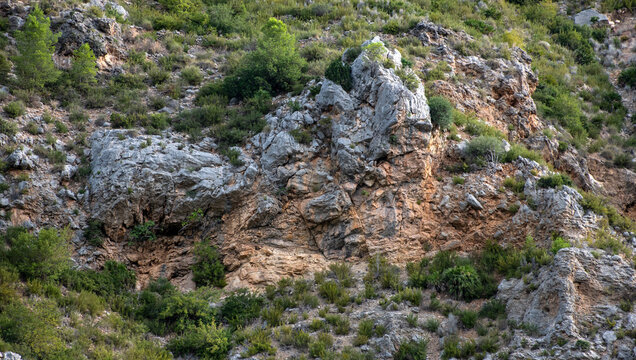 Detalle de una ladera monta&ntilde;osa con afloramientos rocosos y vegetaci&oacute;n mediterr&aacute;nea dispersa. Imagen ideal para proyectos relacionados con geolog&iacute;a.