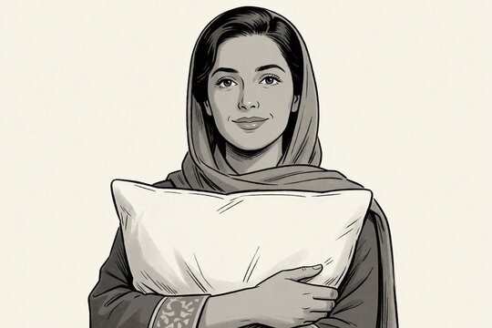 A woman wearing a hijab and abaya holds a white pillow in a calm and serene pose against a light beige background.