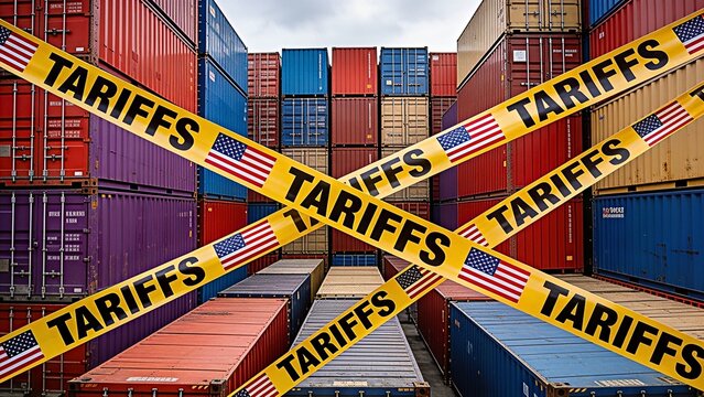 Perspective view of stacked shipping containers blocked with yellow US flag tariffs tape