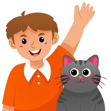 Boy waving hand with cute pet cat