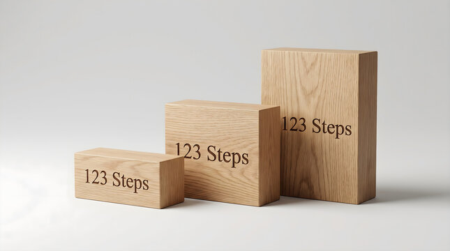 Three wooden blocks of ascending heights with 123 steps text engraved, representing business growth and progress.
