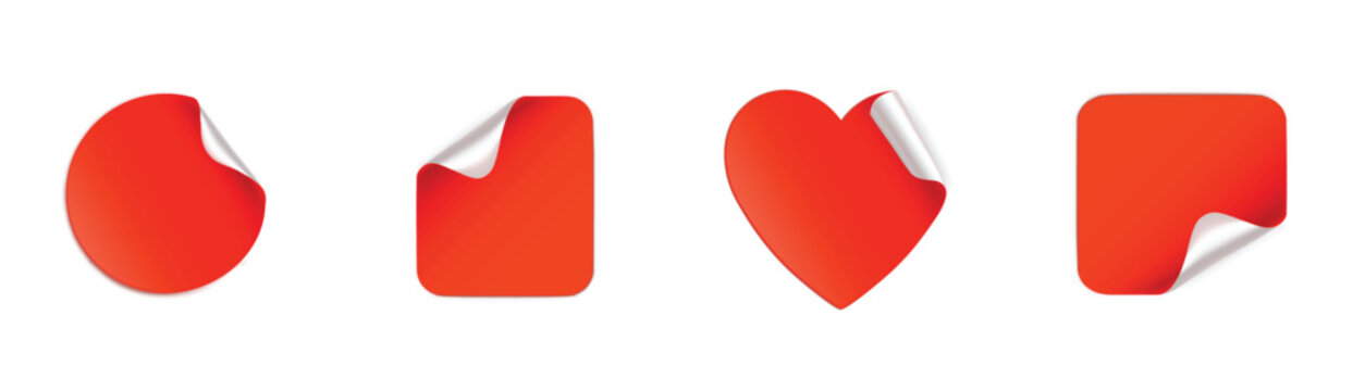 Red sticker set with curled corner featuring circle square heart and rounded corner shapes for discount sale promotion tag price label vector illustration