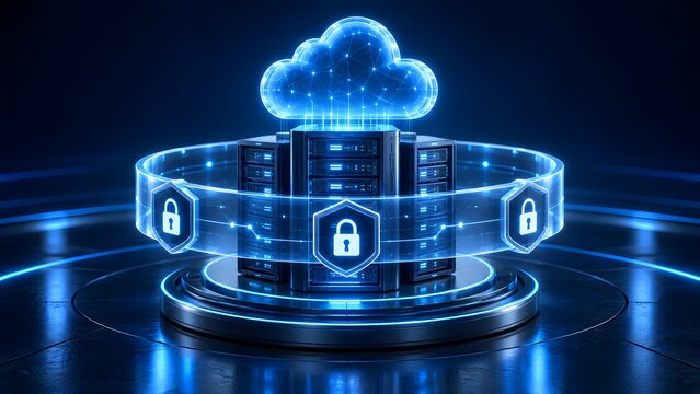 Secure cloud computing server with glowing blue digital lock shields orbiting around a central data rack.