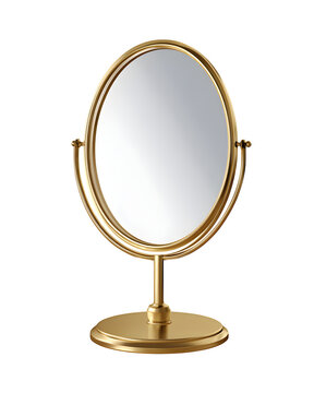Elegant vintage oval vanity mirror featuring polished metallic gold frame isolated on transparent background