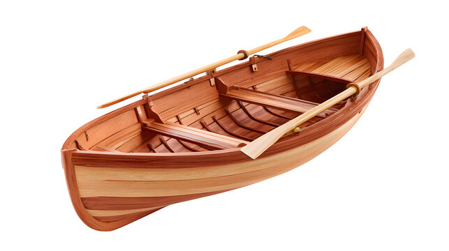Rustic handcrafted wooden rowing boat featuring polished planks and paired oars isolated on transparent background