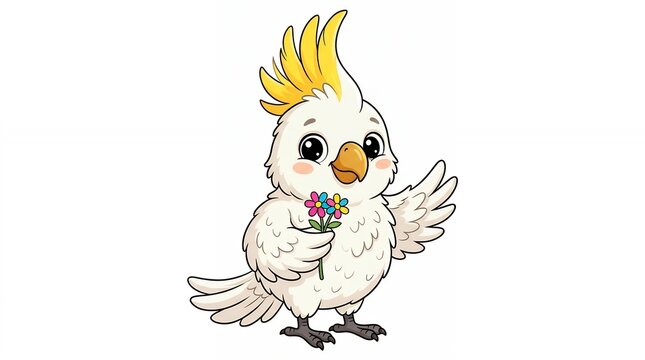 Adorable Cartoon Cockatoo Holding Flowers.