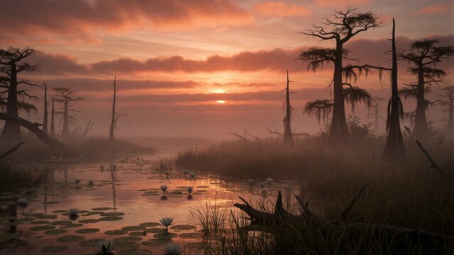 A serene swamp landscape at sunset, featuring bald cypress trees and Spanish moss, bathed in warm golden light.