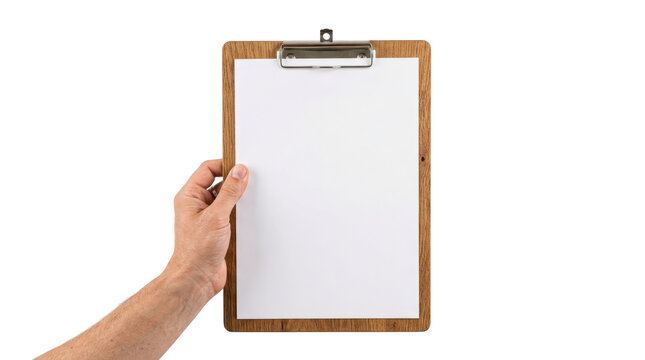 Hand Holding Wooden Clipboard With Blank Paper.