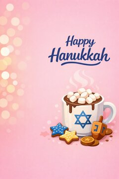 Happy hanukkah pink greeting card with hot chocolate mug marshmallows dreidel cookies and festive elements for holiday background design
