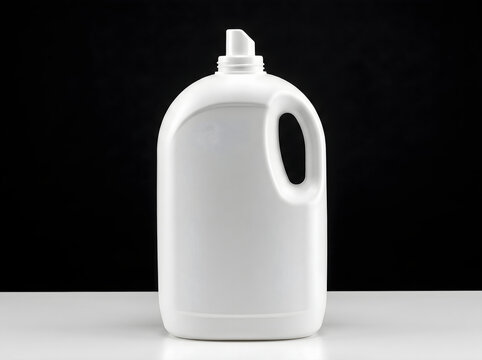 Blank white plastic laundry detergent bottle mockup container standing on reflective surface against dark background