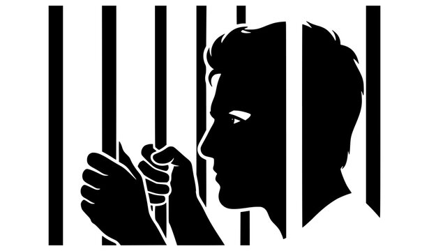 Man behind prison bars silhouette vector criminal prisoner in jail cell abstract icon