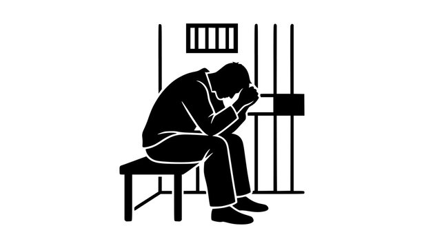 Depressed prisoner sitting in jail vector silhouette lonely man in cell illustration