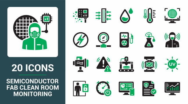Semiconductor fab clean room monitoring vector illustration with 20 black and green isolated flat icons.