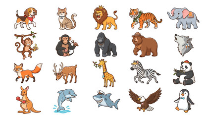 Obraz premium Animal Icons Set with Cartoon Illustrations, Featuring Diverse Wildlife