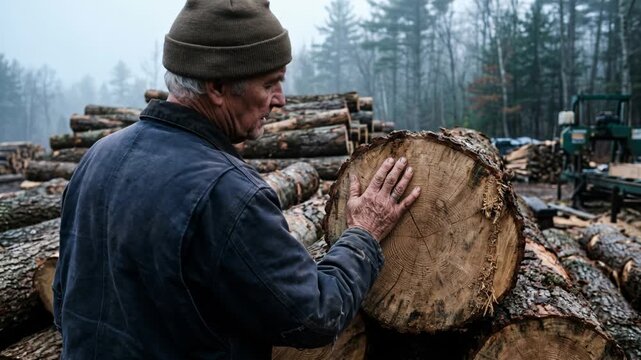 Senior lumberjack touching a cut log at a sawmill yard with stacked timber in a misty forest. Old logger inspecting felled trees on a rainy day. Forestry, logging industry and wood production