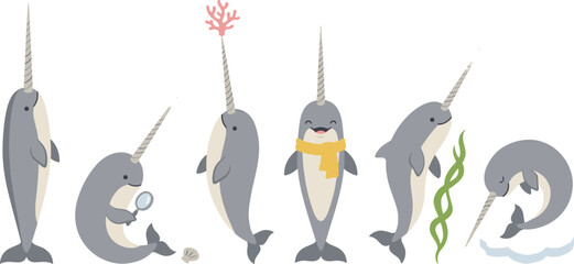 Cute Cartoon Narwhal Whale Vector Character Set Featuring Poses Wearing Scarf Holding Coral Shell Magnifying Glass and Seaweed for Arctic Wildlife Designs © Mst