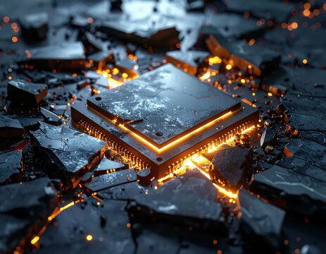 Futuristic Microchip on Fractured Surface with Glowing Elements Capturing Technology Concept