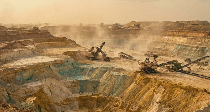 Phosphate mining landscape with excavation machinery operating in open-pit mine