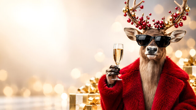 A festive deer wearing sunglasses and a red coat, celebrating with a glass of champagne amidst golden lights. Perfect for holiday and celebration themes.