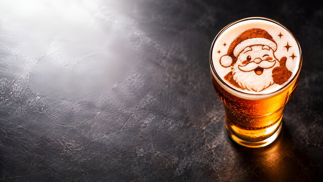 A festive beer with Santa Claus artwork on foam, placed on a dark textured surface, creating a warm and cheerful holiday atmosphere.