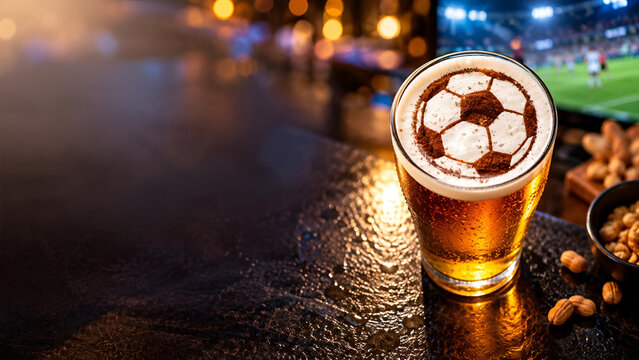 A frothy beer glass with a soccer ball design on its surface, placed on a bar counter with a stadium in the background. Perfect matchday atmosphere.