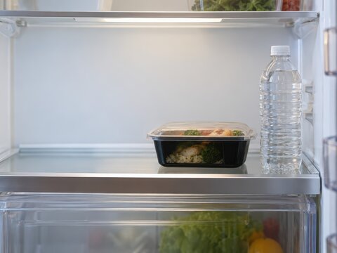 Accessible kitchen organization concept shows Black plastic meal prep container and water bottle inside a clean refrigerator shelf.