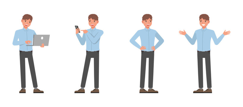 Business man wear blue shirt and working in office character vector illustration design set. Presentation in various action.