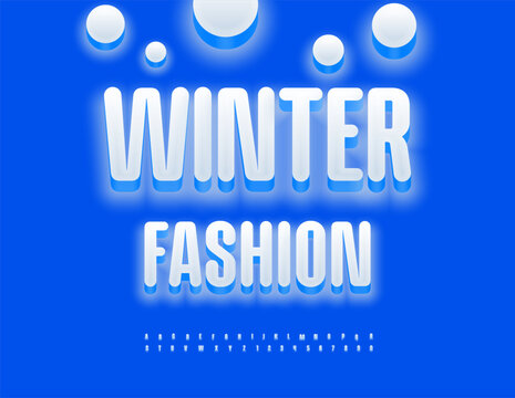 Vector Seasonal flyer Winter Fashion. Trendy Glowing Font. Artistic set of Elegant White 3D Alphabet Letters and Numbers.