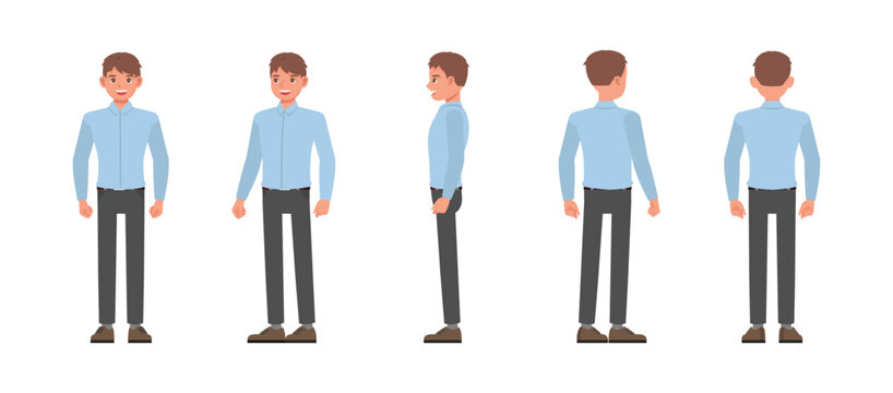 Business man front, side and back wear blue shirt character vector illustration design set. Presentation in various action.