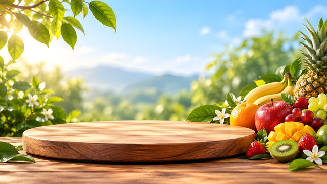 A sunlit wooden table with a variety of fresh fruits, including pineapple, apple, and kiwi, creating a vibrant and inviting outdoor setting.