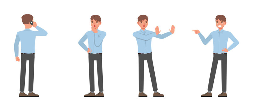 Business man wear blue shirt and working in office character vector illustration design set. Presentation in various action.