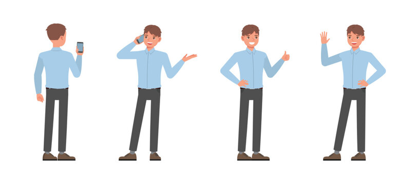 Business man wear blue shirt and working in office character vector illustration design set. Presentation in various action.