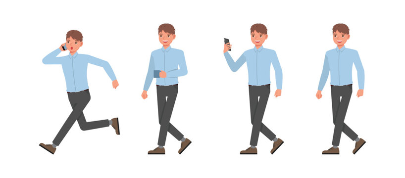 Business man wear blue shirt and working in office character vector illustration design set. Presentation in various action.
