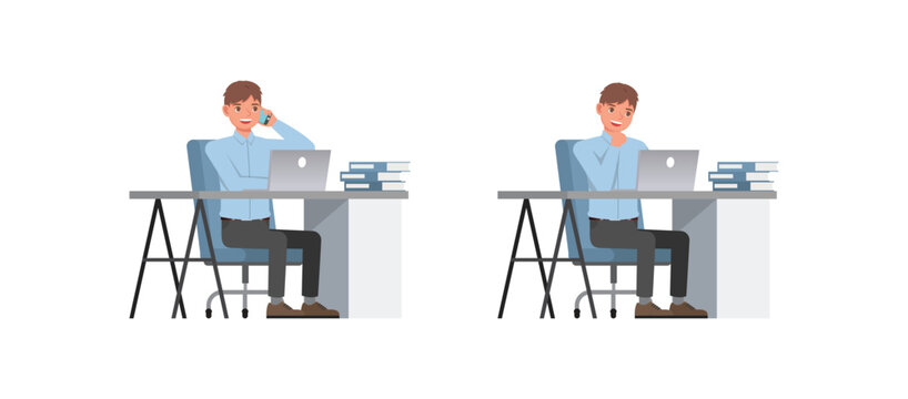 Business man wear blue shirt and working in office character vector illustration design set. Presentation in various action.