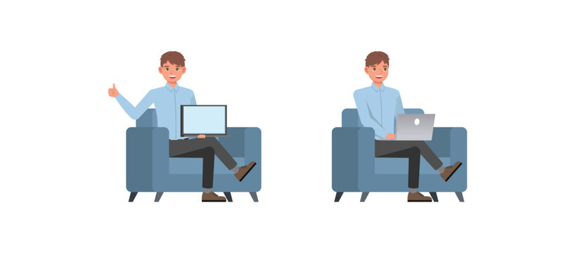 Business man wear blue shirt and working in office character vector illustration design set. Presentation in various action.