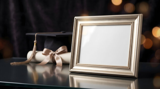 A blank 2026 graduation frame with a mortarboard cap and diploma scroll on a dark reflective surface.