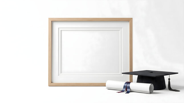 Clean 2026 graduation frame mockup with diploma scroll and mortarboard cap on a minimal white background