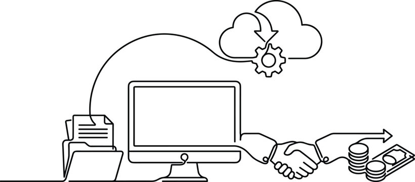 Digital business deal Handshake computer cloud storage documents coins money transfer