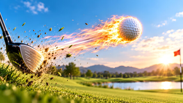 Dynamic golf swing with a fiery ball soaring through a sunny course. Mountains and lake enhance the scenic backdrop, capturing the thrill of the game.