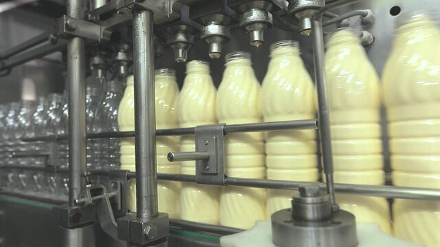 Close-up of an automated bottling line filling clear plastic bottles with mayonnaise or white sauce on a conveyor belt in a food production plant. Foot industry concept