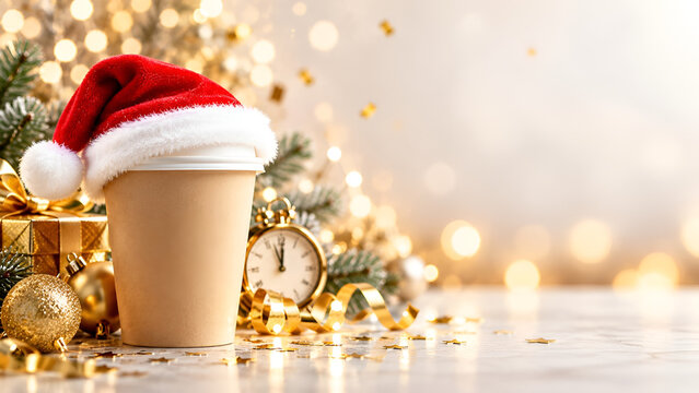 Festive holiday scene with a coffee cup wearing a Santa hat, surrounded by Christmas decorations, gifts, and a golden clock on a sparkling bokeh background.