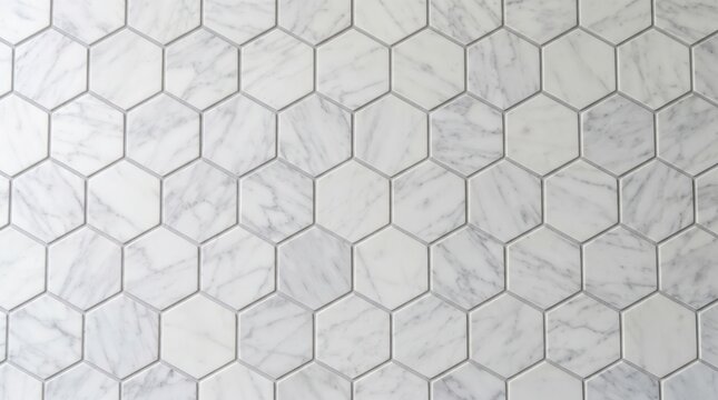 White marble hexagonal tile texture with natural grey veining pattern